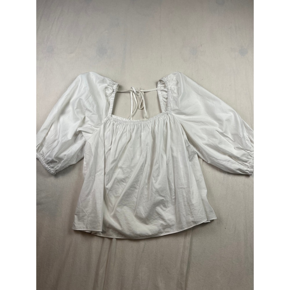 Madewell White Puff Sleeve Babydoll Square Neck Tie Back Blouse NR583 Size 8